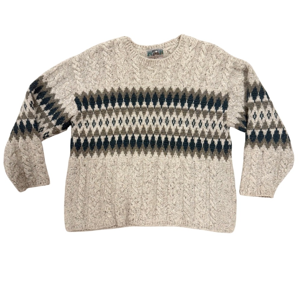 EMS Eastern Mountain Sports Sweater Mens L Oatmeal Fair Isle Cable Knit Crewneck